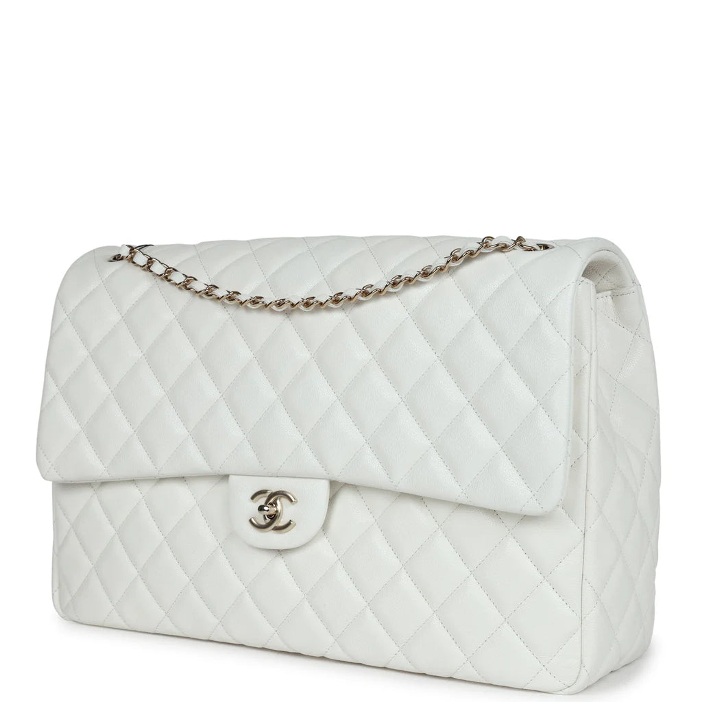 Chanel XXL Classic Single Flap Bag White Shiny Caviar Light Gold Hardware 2025