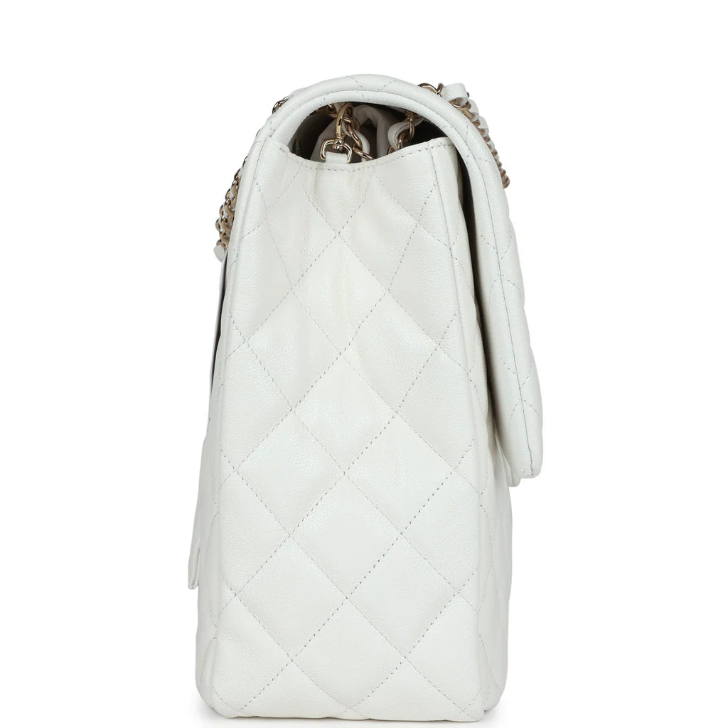 Chanel XXL Classic Single Flap Bag White Shiny Caviar Light Gold Hardware 2025