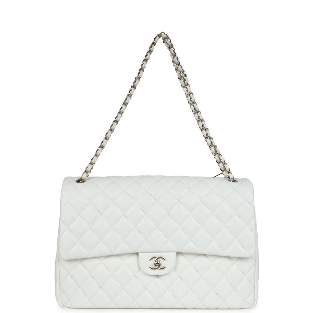 Chanel XXL Classic Single Flap Bag White Shiny Caviar Light Gold Hardware 2025