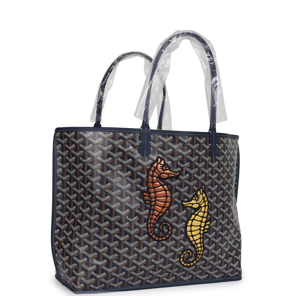 Goyard Goyardine Navy Blue Anjou PM Embroidered Seahorse Bag Palladium Hardware
