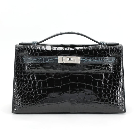 HERMÈS Special Order Kelly Pochette HSS Vert Rousseau (V0) Noir (89) Shiny Alligator Palladium hardware K (2025)