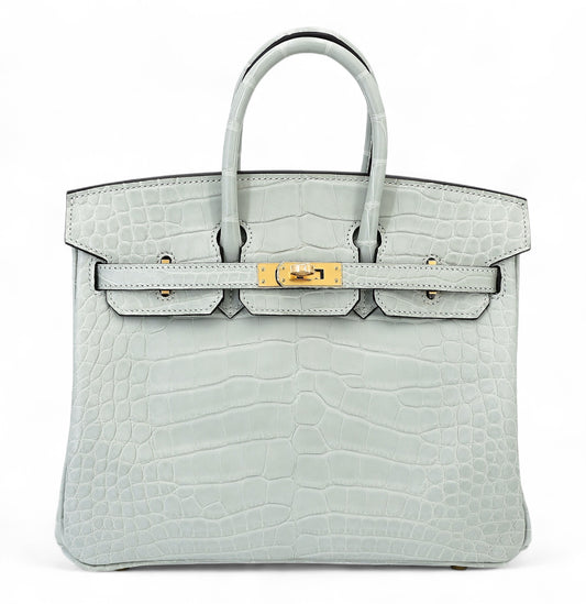 HERMÈS Birkin 25 Gris Neve (0W) Matte Alligator Gold hardware K (2025)